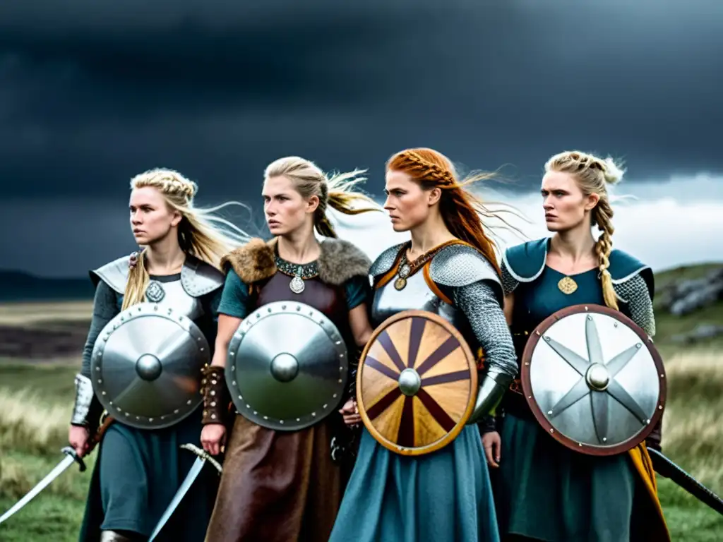 Mujeres vikingas en la guerra: Guerreras en armadura tradicional, con espadas y escudos, listas para la batalla en paisaje nórdico tormentoso