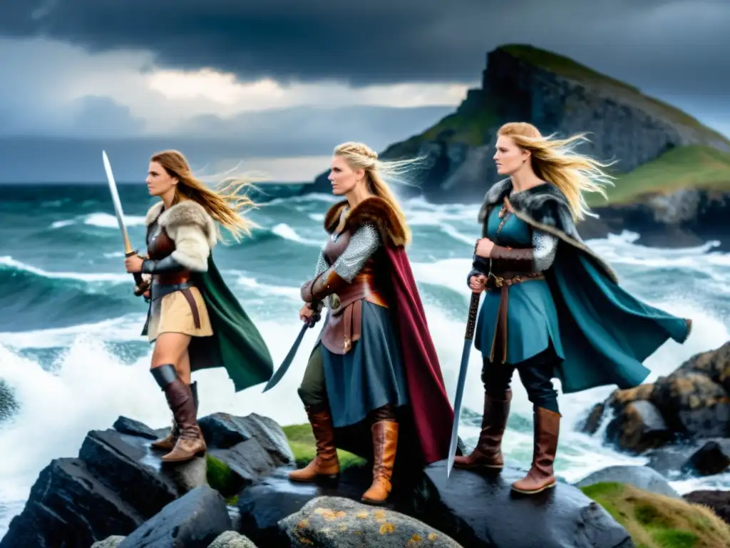 Mujeres vikingas guerreras en armadura tradicional, mirando al horizonte en acantilado rocoso y mar tormentoso, expresión fiera y decidida