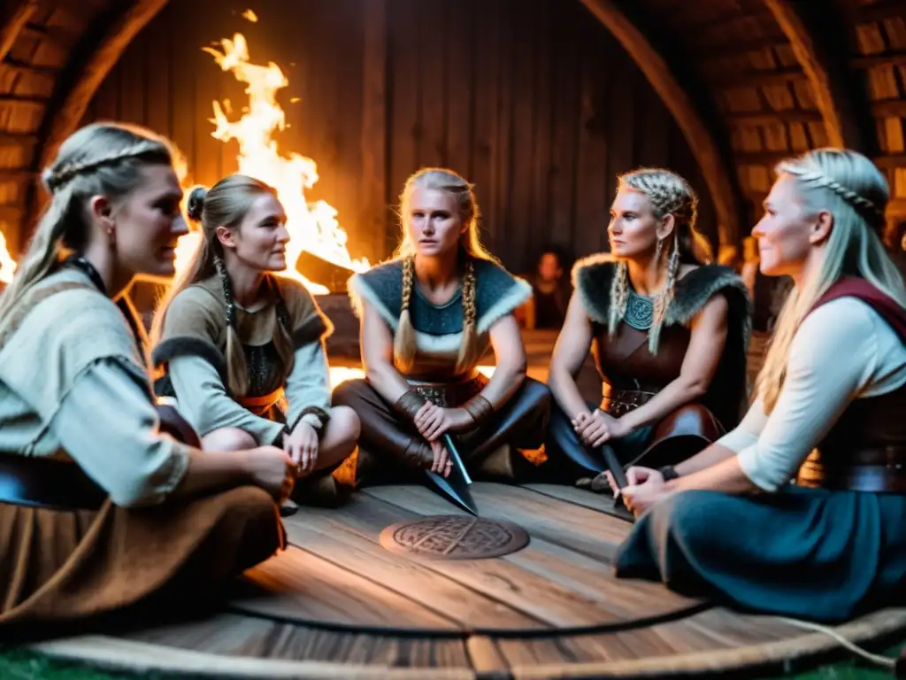 Mujeres vikingas en intensa negociación en una cabaña rústica iluminada, resolución conflictos con determinación