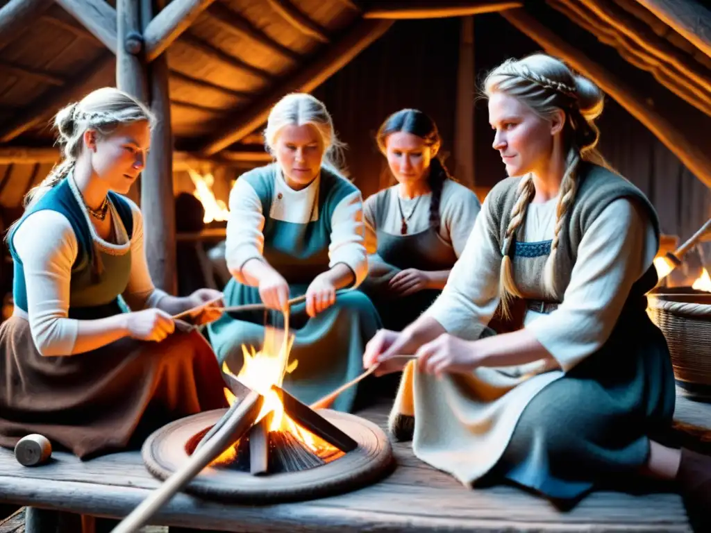 Mujeres vikingas hilando lana en una casa antigua iluminada por el fuego