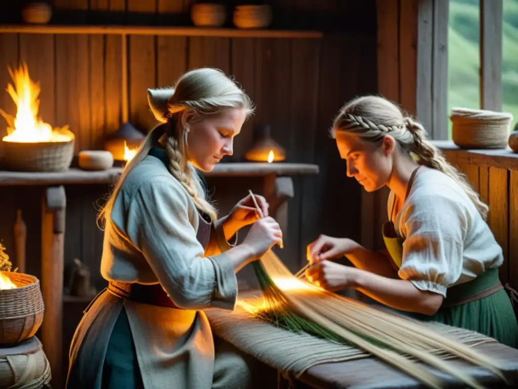 Mujeres vikingas producen y usan lino en escena detallada y cálida junto a fuego crepitante