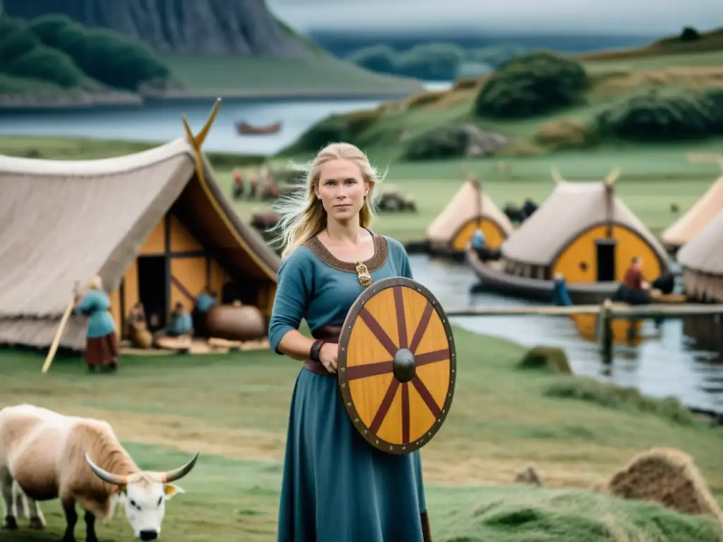 Mujeres vikingas desempeñando un papel crucial en la sociedad, mostrando su vida diaria en un bullicioso pueblo vikingo