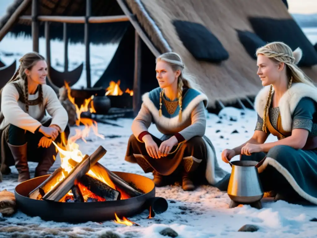 Mujeres vikingas desempeñando su papel en sociedad en un hogar tradicional, una con espada y otra cocinando sobre el fuego, en un paisaje nevado