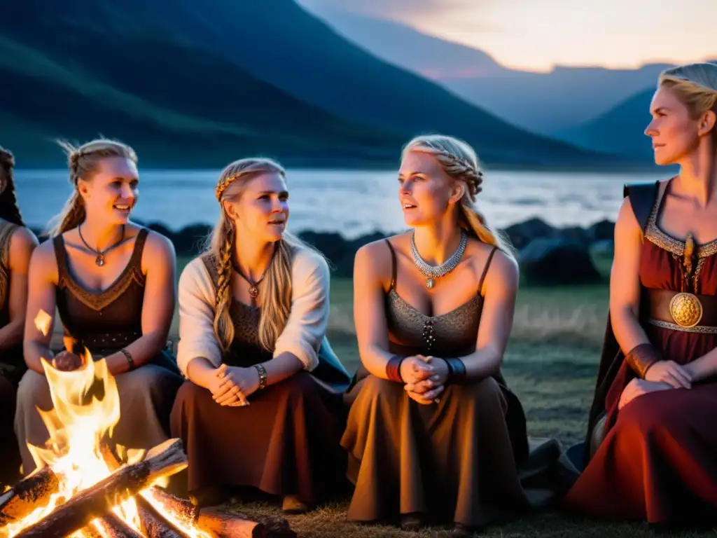 Mujeres vikingas poderosas reunidas alrededor de una fogata en ceremonia nocturna, destacando el Poder de la mujer vikinga