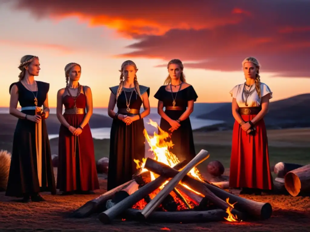 Funeral vikingo al atardecer: mujeres en ceremonia Mujeres vikingas en ritual funerario alrededor de una pira en papel, bajo un atardecer dramático