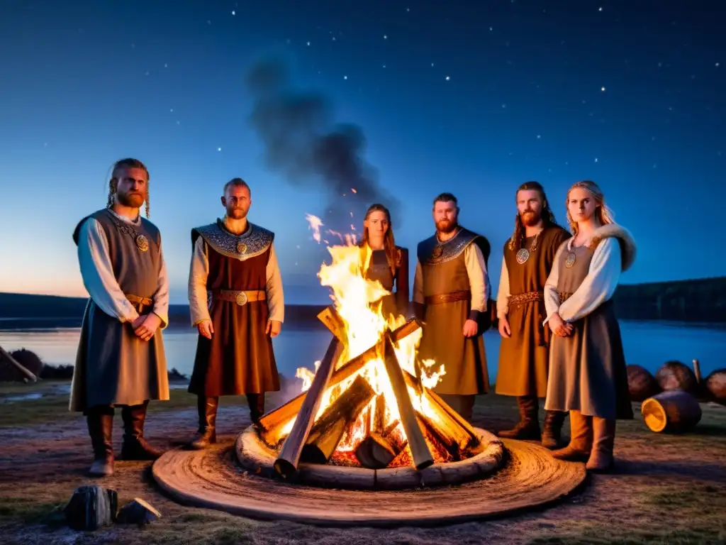 Mujeres vikingas en un ritual alrededor de una hoguera, en la noche