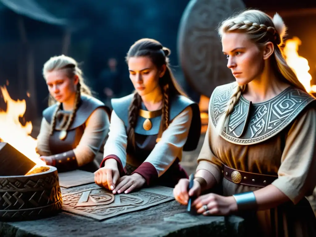 Vikingas tallando runas: tradición y concentración en la oscuridad Mujeres vikingas conservan runas en ambiente histórico con importancia en lengua y tradiciones
