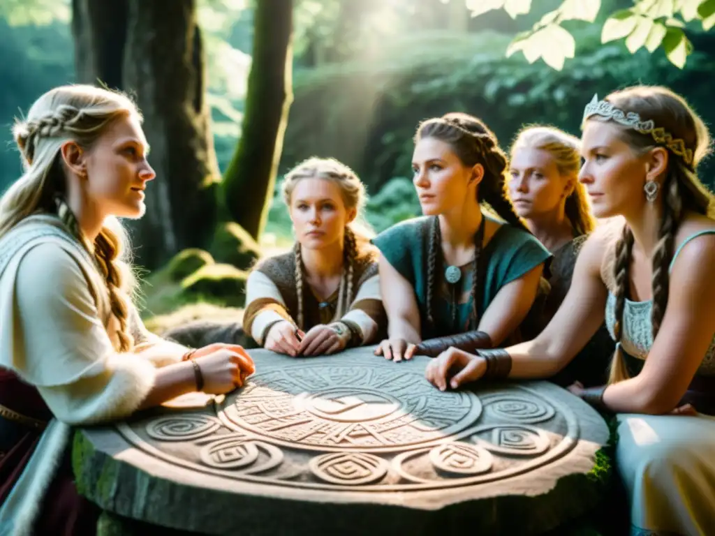 Mujeres vikingas descifrando el significado oculto de runas femeninas en un bosque místico iluminado por el sol