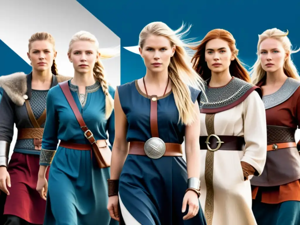 Mujeres vikingas y sociedad moderna fusionadas en una ilustración detallada y poderosa