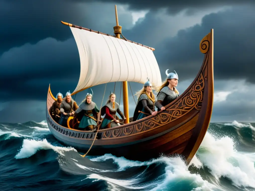 Mujeres vikingas navegando con determinación en una tormenta en su larga nave