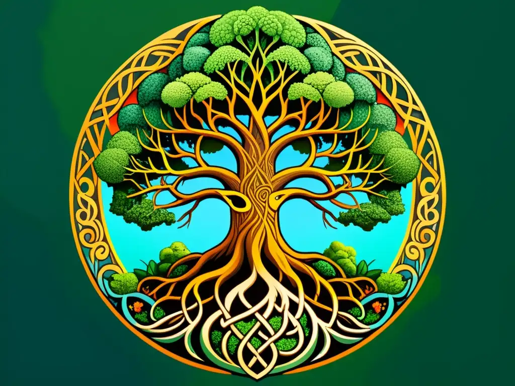 Yggdrasil, la Raíz del Mundo, se eleva majestuosa en un bosque vibrante, evocando sabiduría ancestral y movimiento ambientalista