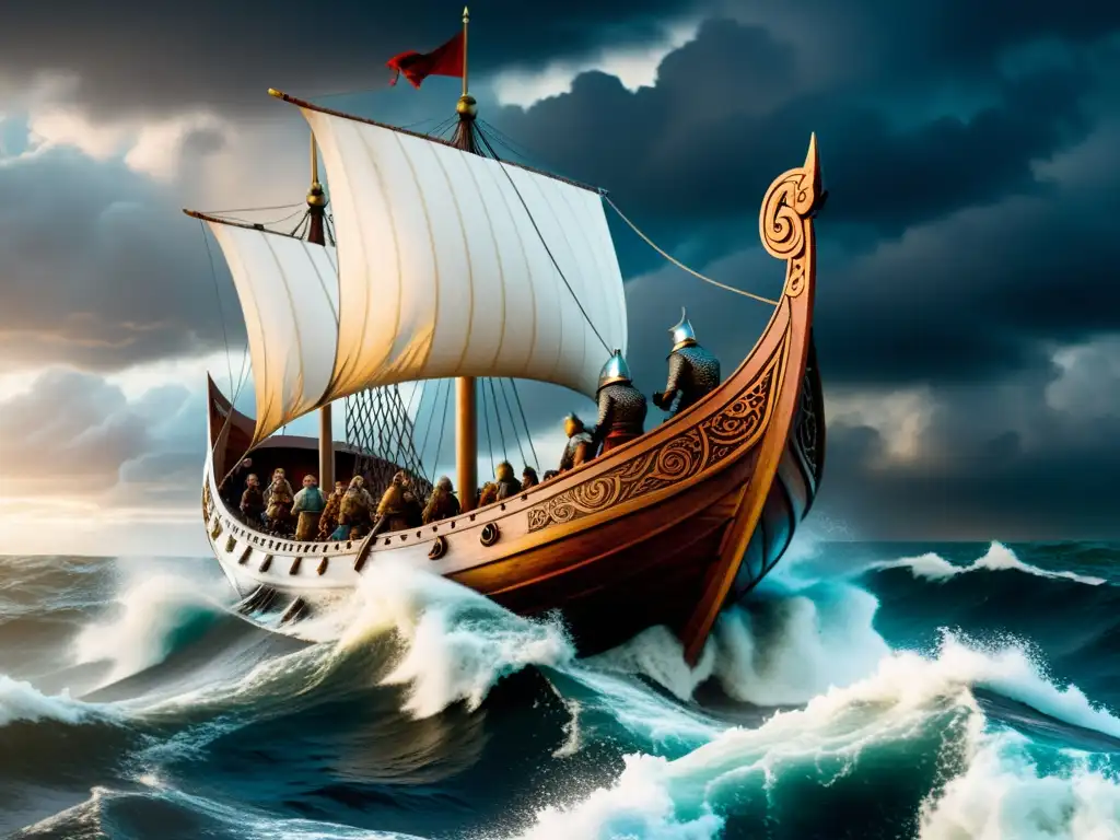 Visión del mundo vikingo en las Eddas: Un drakkar vikingo navega en aguas turbulentas bajo un cielo dramático lleno de nubes tormentosas