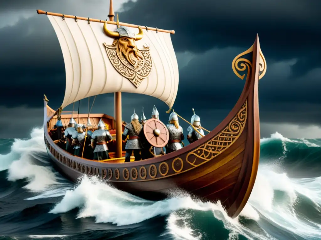 Visión del mundo vikingo en las Eddas: Un drakkar vikingo tallado navega en aguas turbulentas con guerreros y símbolos nórdicos