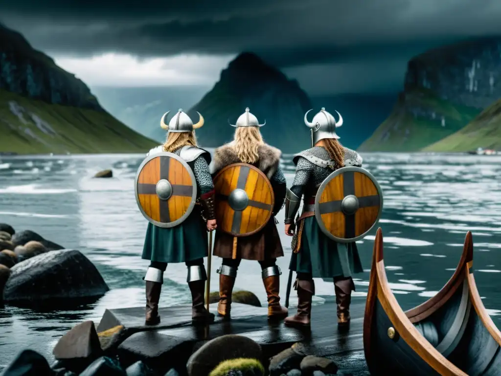 Visión del mundo vikingo en las Eddas: Vikingos en la orilla, sus barcos y el cielo tormentoso