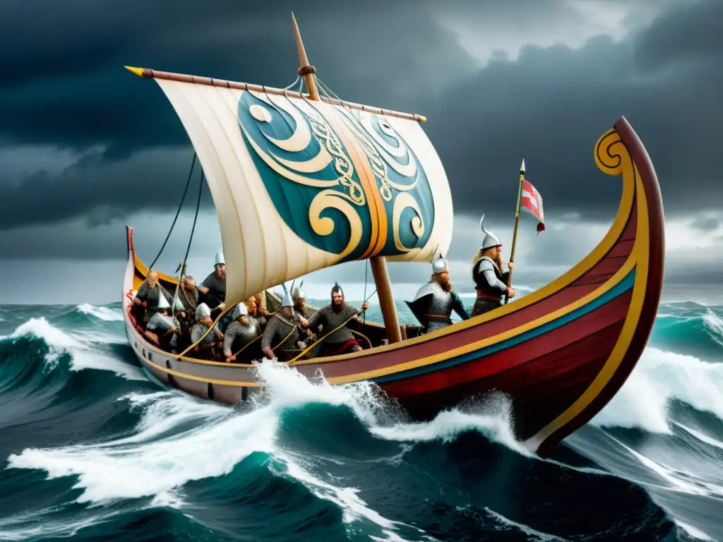 Visión del mundo vikingo en las Eddas: Vikingos en un barco en alta mar, listos para la batalla bajo un cielo tormentoso