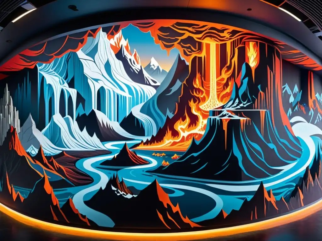 Un mural detallado compara Helheim con Hades: hielo y fuego, figuras sombrías y criaturas míticas