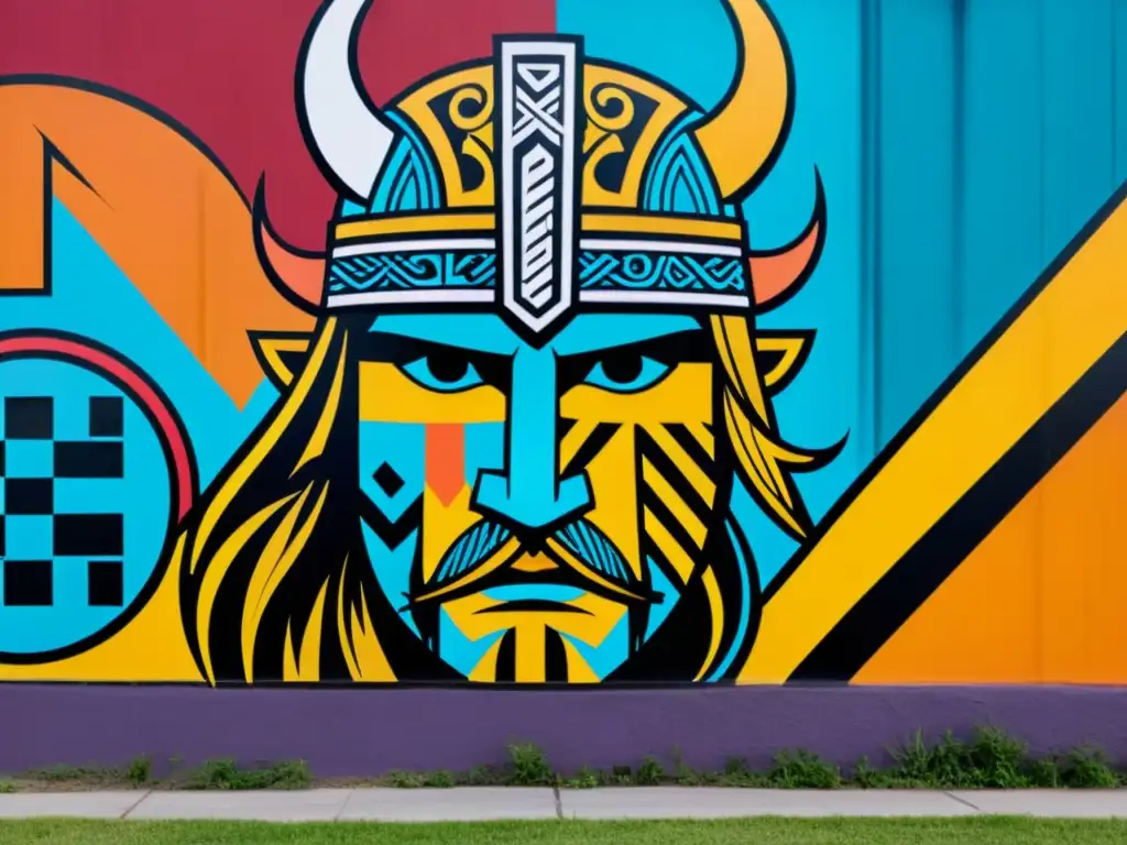 Un mural urbano moderno fusiona iconografía vikinga con arte callejero contemporáneo