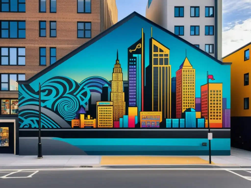 Un mural urbano con símbolos vikingos y elementos modernos fusionados en colores vibrantes y detallados