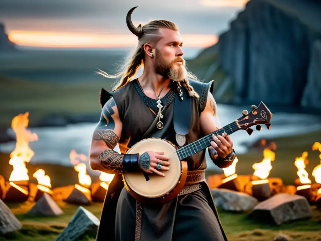 Un músico contemporáneo viste atuendo vikingo, tocando un instrumento nórdico frente a paisajes escandinavos