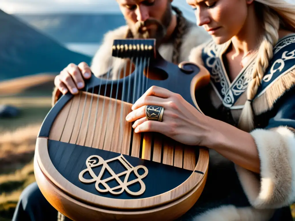 Un músico toca una lira de madera con runas musicales vikingas contemporáneas en paisaje nórdico