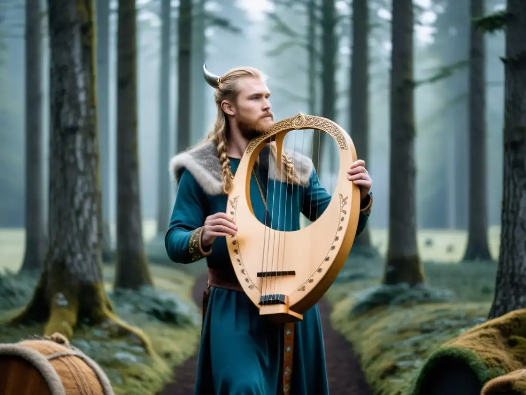 Un músico vikingo contemporáneo interpreta una lira vikinga moderna en un bosque nórdico sereno