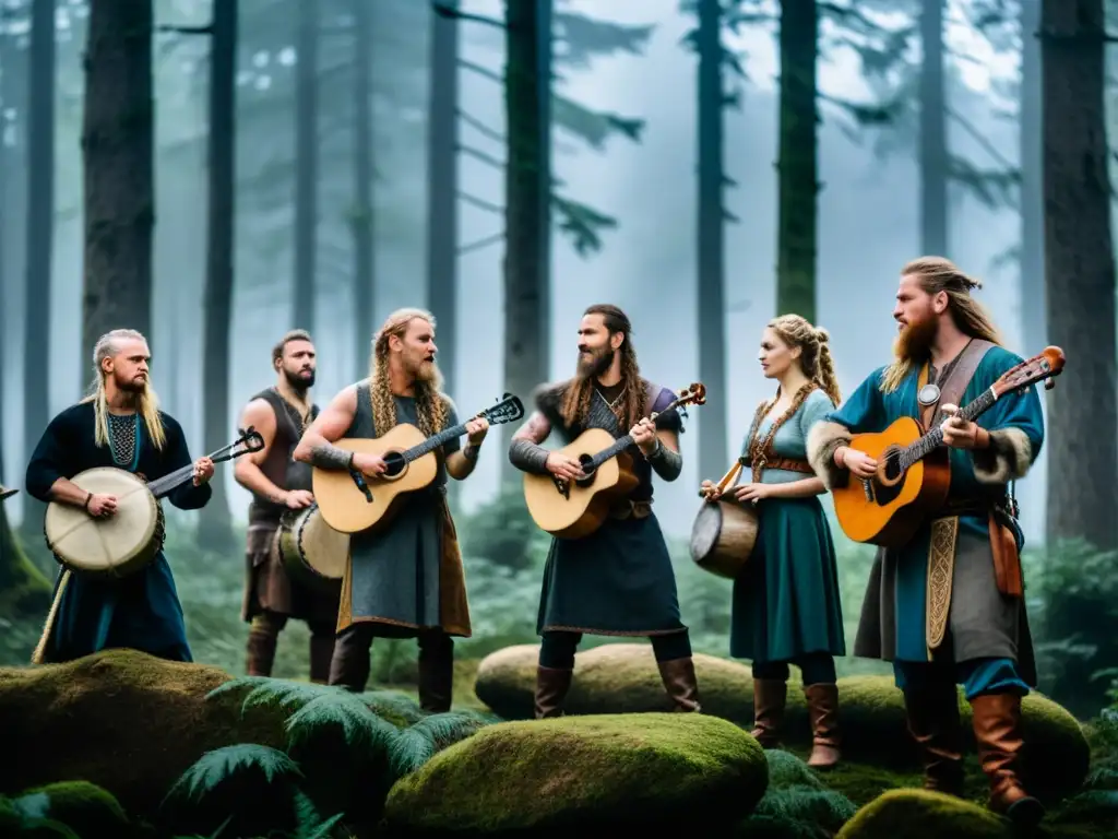 Músicos contemporáneos vikingos interpretando runas musicales vikingas contemporáneas en un bosque misterioso