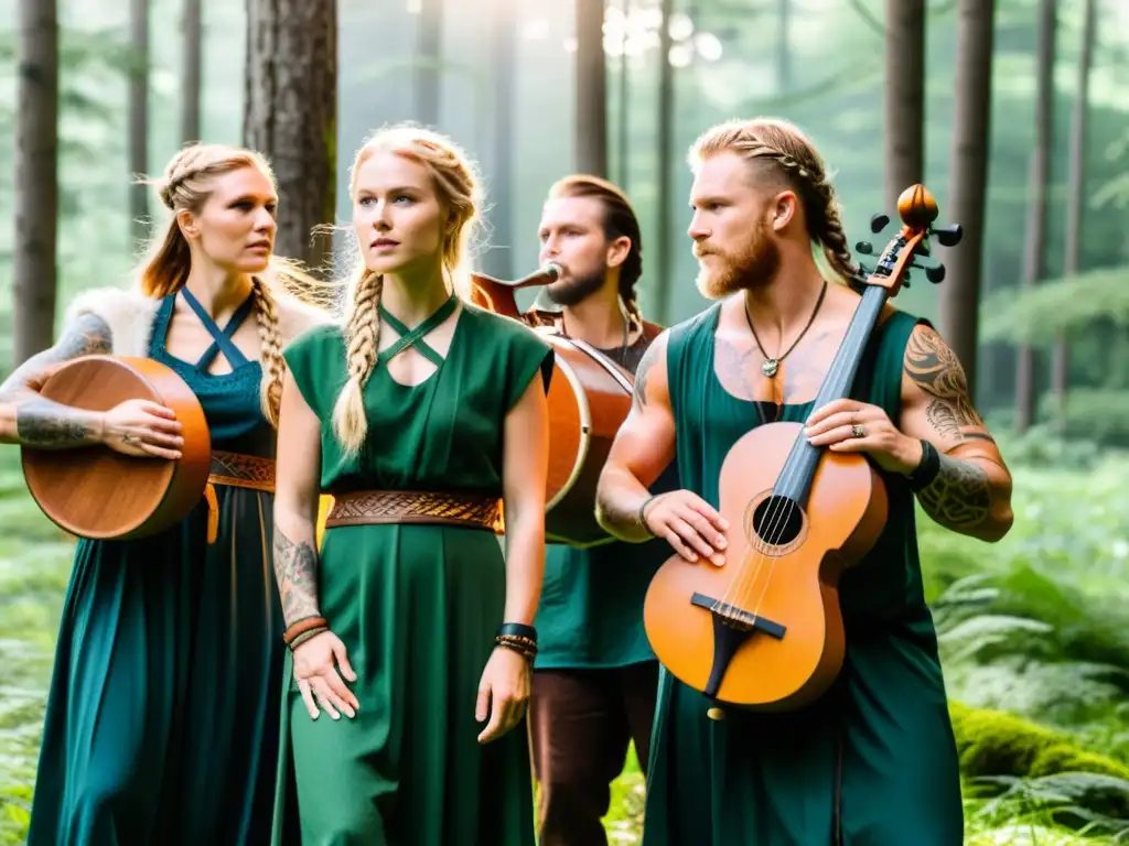 Músicos vikingos modernos interpretando instrumentos nórdicos en el bosque