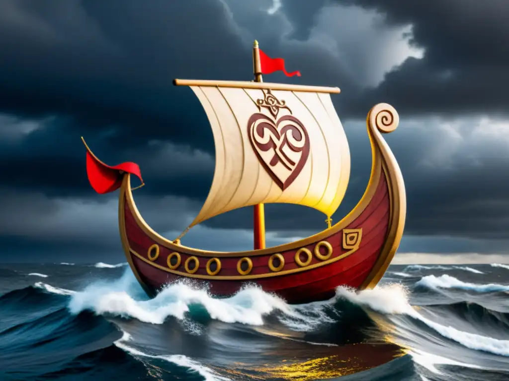 Nanna, símbolo de lealtad y amor en la mitología vikinga, navega con determinación en un barco vikingo durante una tormenta