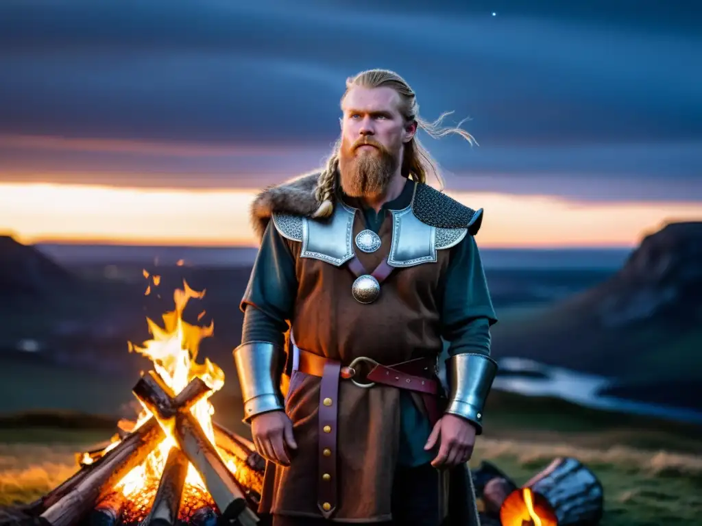 Un narrador vikingo cuenta historias épicas junto a una fogata, bajo un cielo estrellado