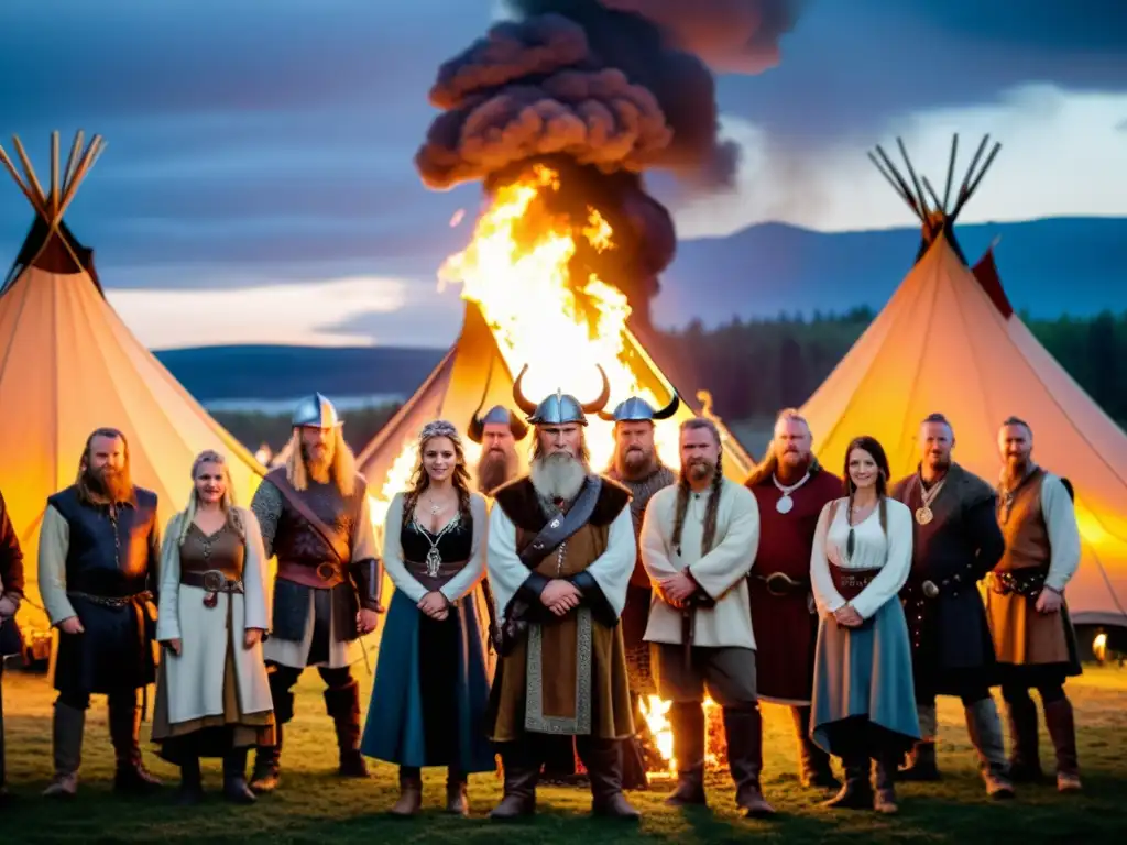 Narradores de Épica Vikinga en Festivales, envueltos en historias junto a la fogata bajo el cielo nocturno