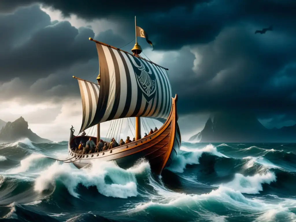 Una narrativa visual en sagas vikingas: un drakkar surca un mar tormentoso con olas gigantes y tripulación decidida