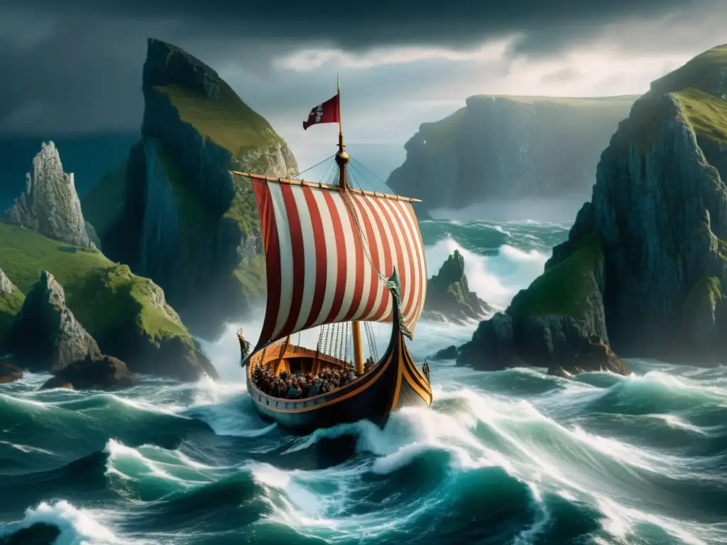 Narrativa visual en sagas vikingas: Vikingos navegando en un drakkar en mares turbulentos, rodeados de paisajes épicos y un cielo dramático