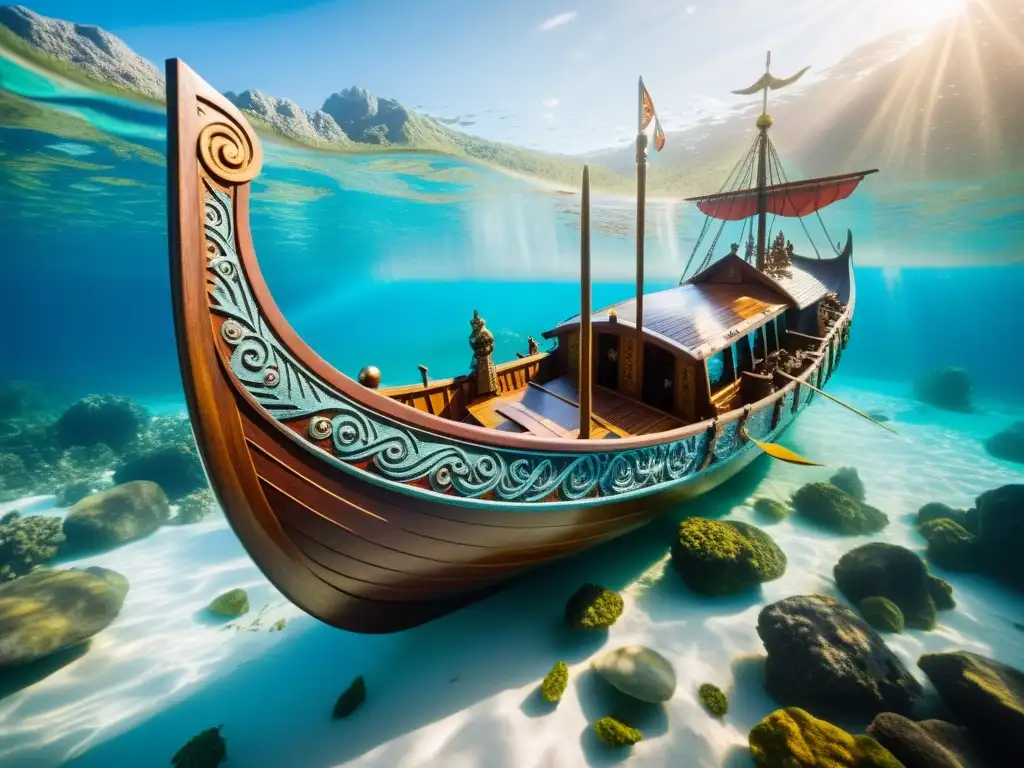 Naufragio vikingo y descubrimientos arqueológicos: barco sumergido con espadas, escudos y joyas brillantes, rodeado de peces coloridos