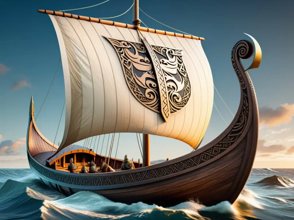 Ingeniería naval vikinga: Detallada ilustración de un drakkar vikingo con proa de dragón, remos y velas nórdicas