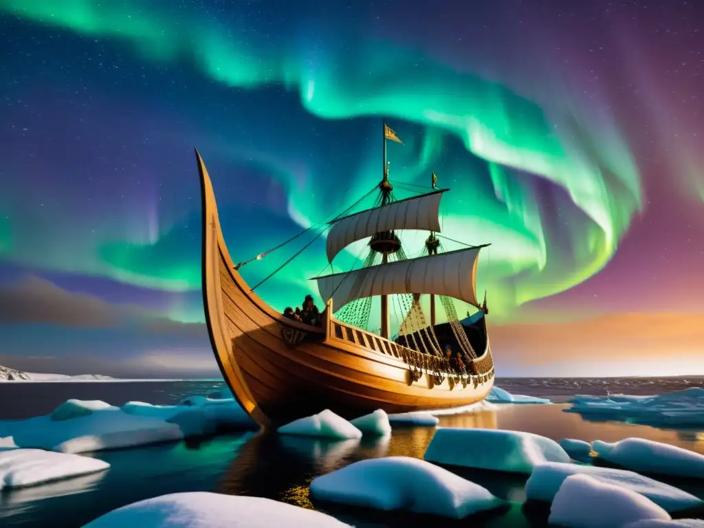 Construcción naval vikinga sostenible: Vikingos navegan en un longship entre auroras boreales en aguas heladas