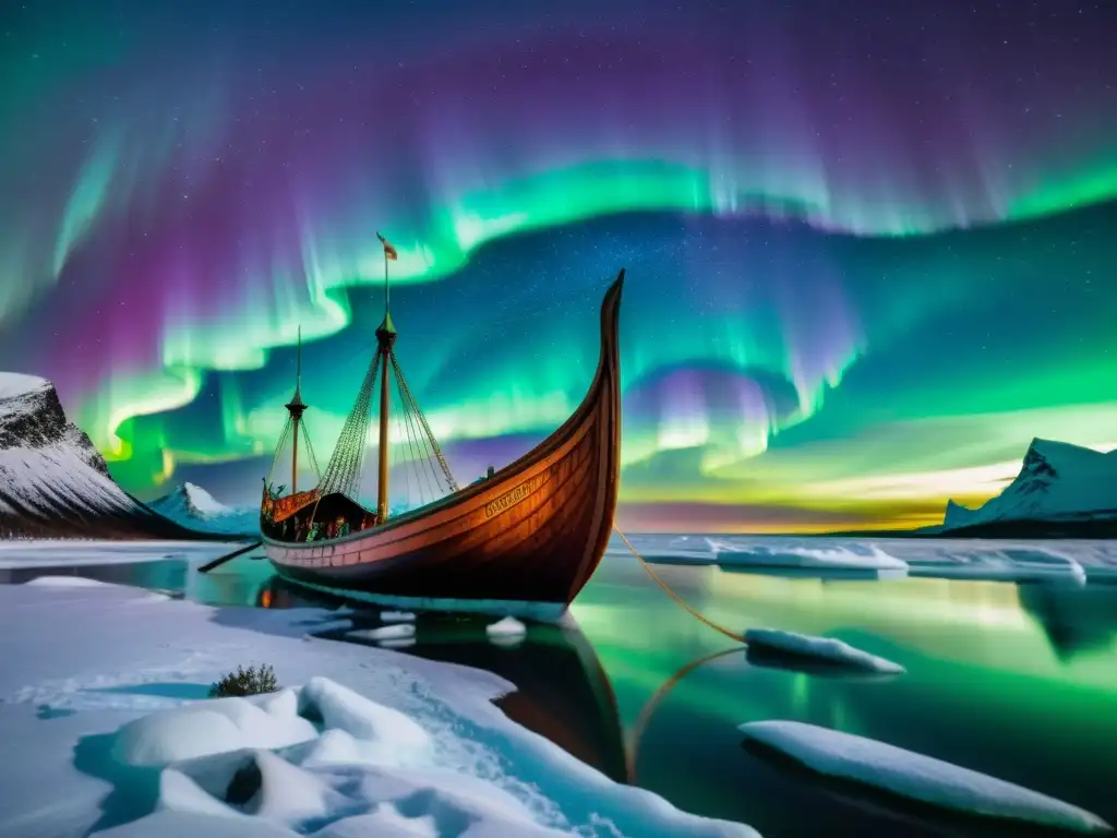 Nave vikinga surca agua helada bajo auroras boreales