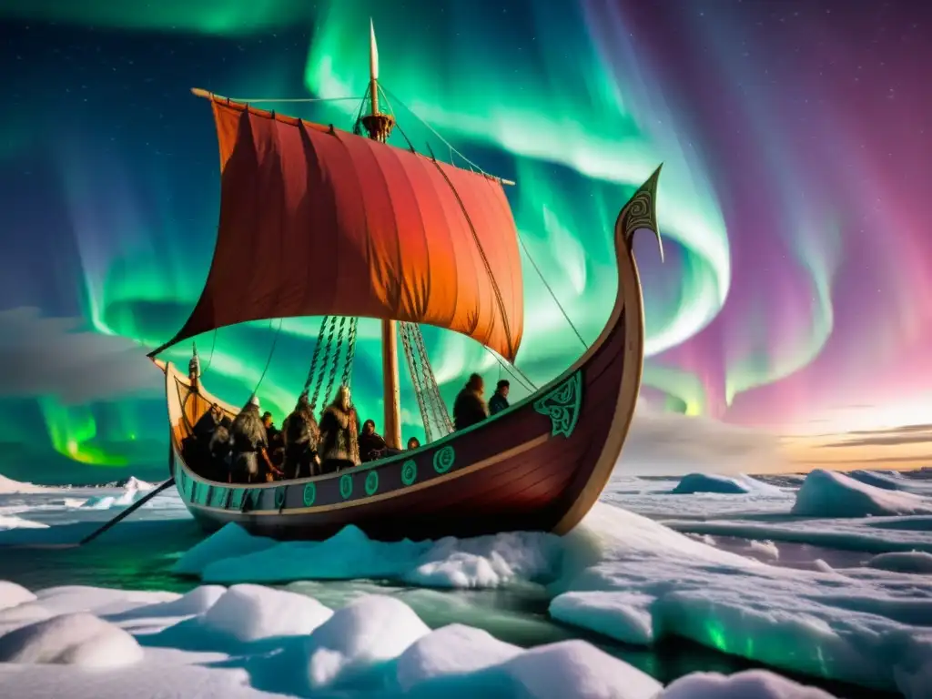 Una nave vikinga surca aguas heladas bajo auroras boreales, tripulación feroz