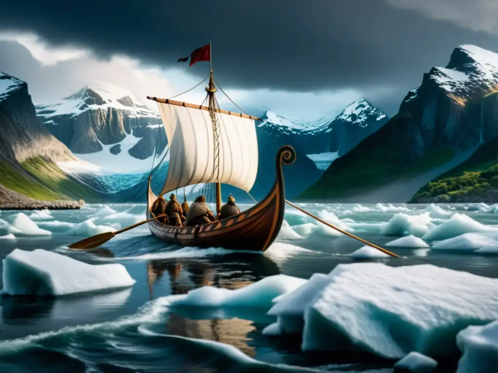Una nave vikinga surca aguas heladas, guerreros reman con determinación, montaña nevada y cielo tormentoso