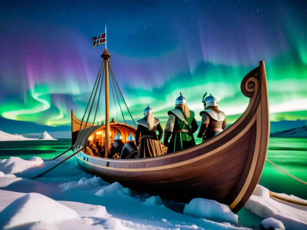 Una nave vikinga surca aguas heladas bajo la aurora boreal, con guerreros y detalles intrincados