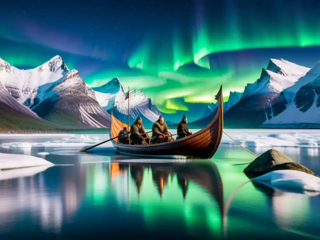 Una nave vikinga surca aguas heladas bajo la aurora boreal, con guerreros remando y montañas nevadas al fondo