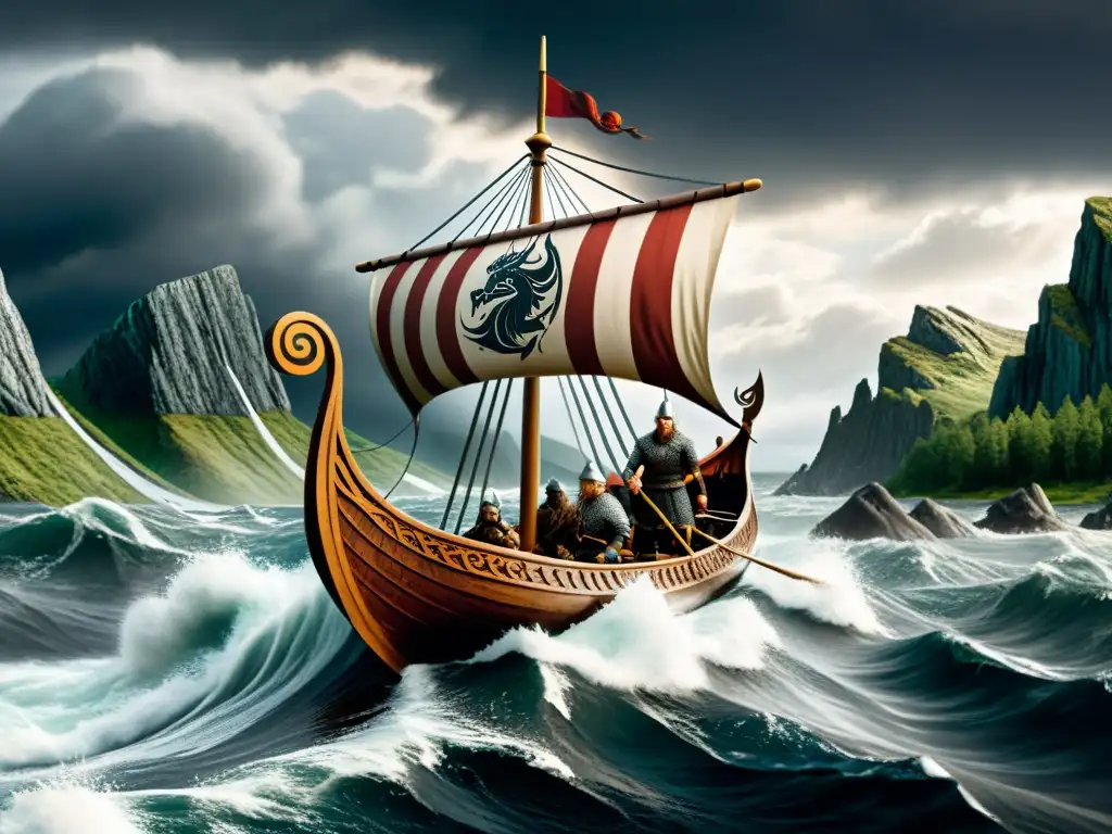 Intrépida nave vikinga surca aguas nórdicas bajo un cielo tormentoso, destacando la influencia vikinga en reinos nórdicos