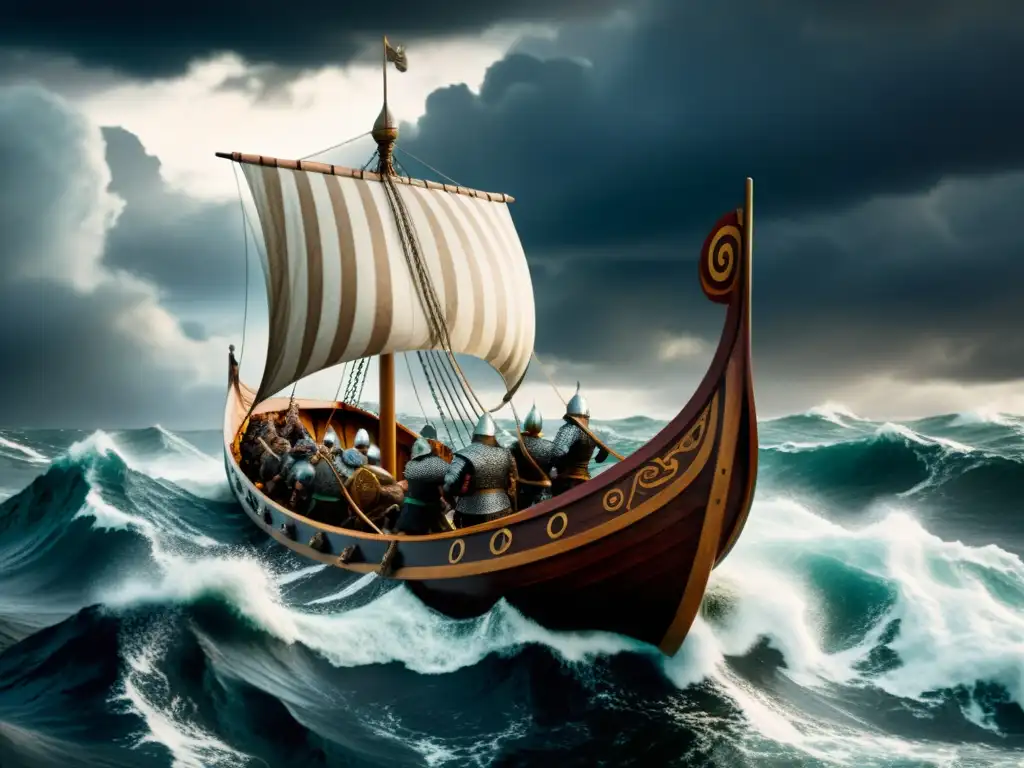 Epica ilustración de una nave vikinga en alta mar, reflejando la vida de los vikingos en sus viajes