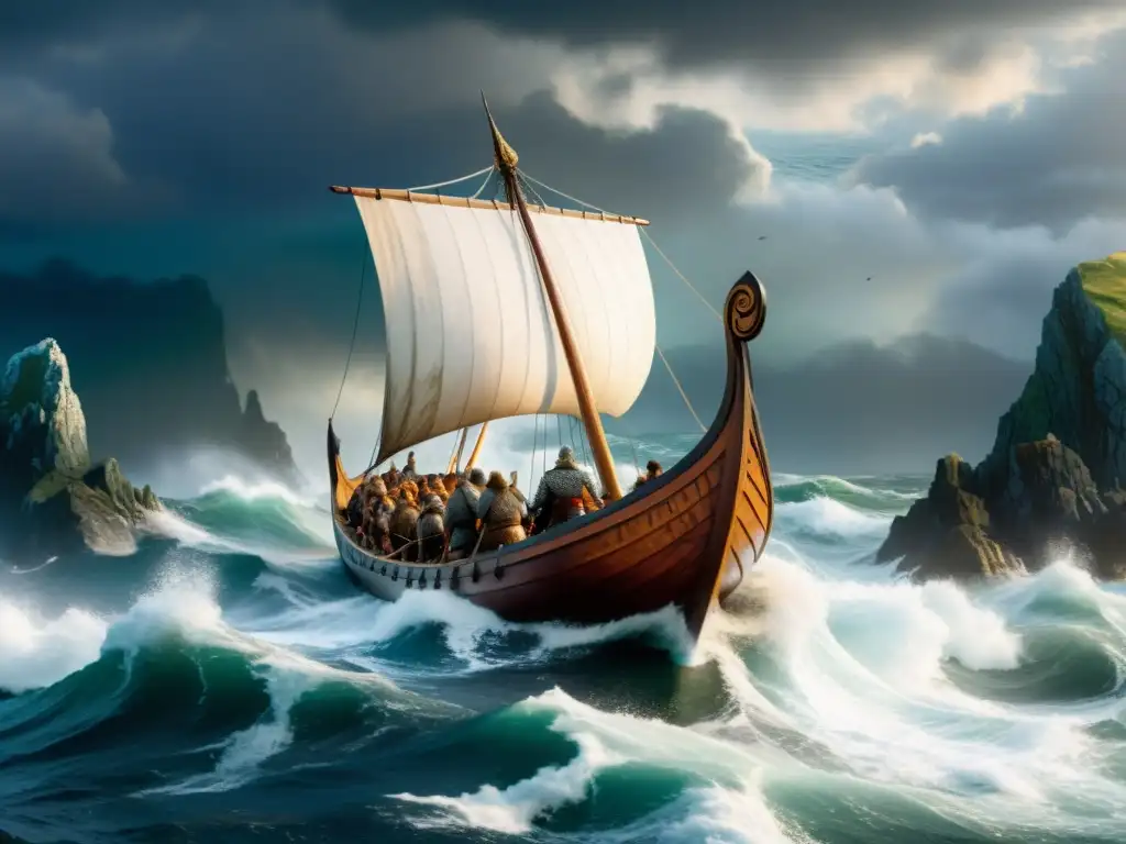 Una nave vikinga detallada surca mares turbulentos bajo un cielo dramático, con guerreros remando y una costa imponente al fondo