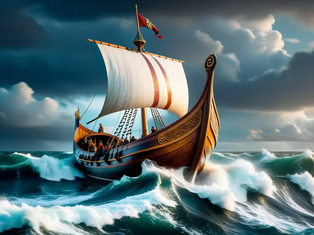 Una nave vikinga surca mares tempestuosos en busca de tesoros, rodeada de olas poderosas y un cielo dramático