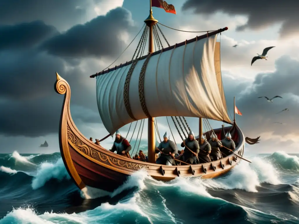 Una nave vikinga surca mares tormentosos con guerreros remando intensamente, evocando aventura y épica