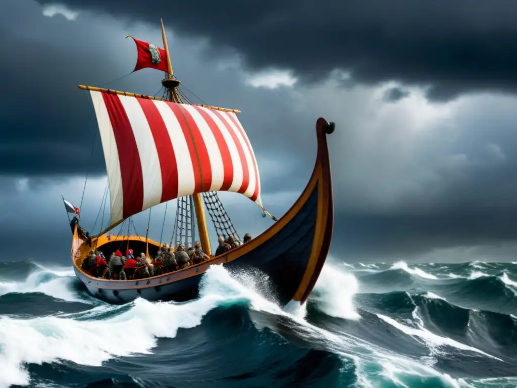 Travesía épica de vikingos en mares tempestuosos Una nave vikinga surca mares tormentosos, tripulada por guerreros fieros con velas ondeando al viento