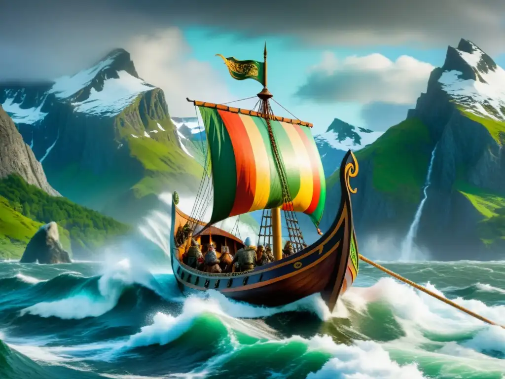 Una nave vikinga surca mares turbulentos bajo un cielo dramático, rodeada de montañas nevadas y una costa verde