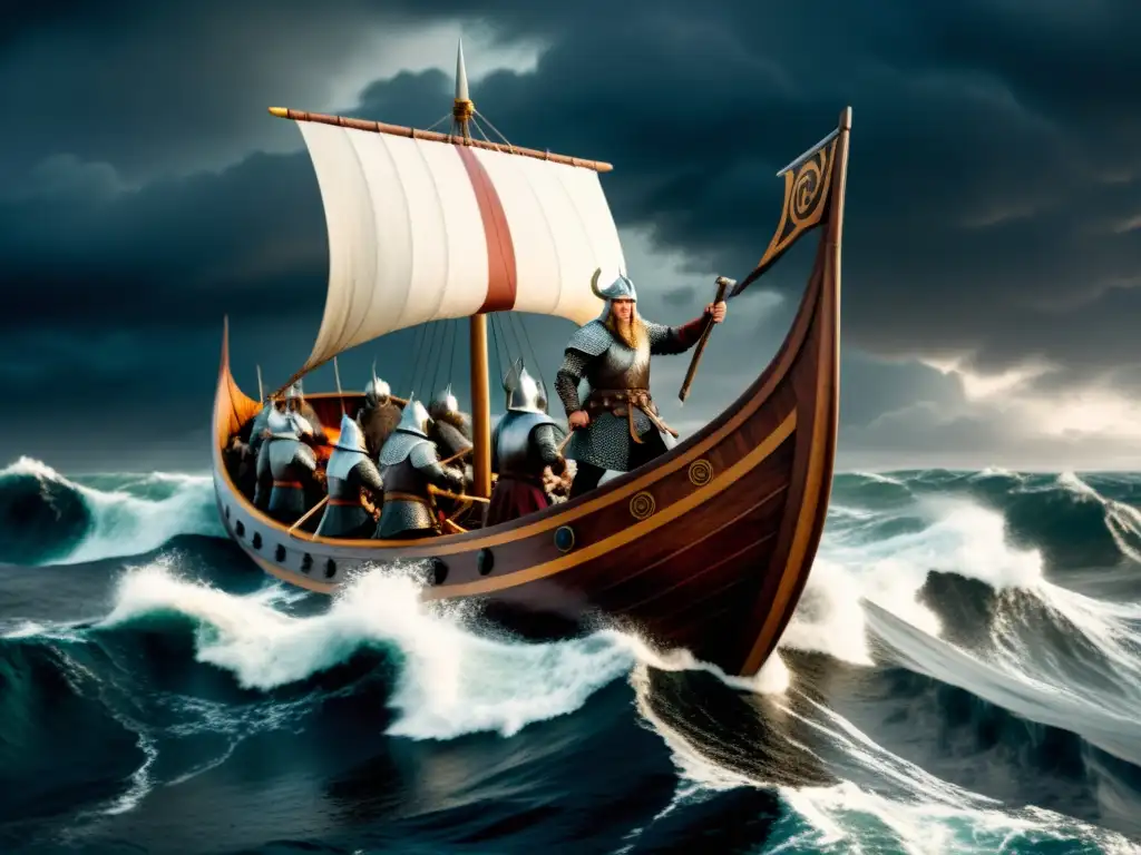 Intrépida nave vikinga en medio de tormenta con guerreros, reflejo de la influencia vikinga en cultura popular