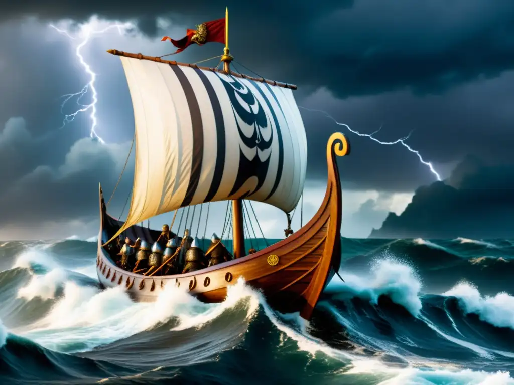 Una nave vikinga en una tormenta con guerreros y el dios Loki: Religión Vikinga: Los Susurros de Loki