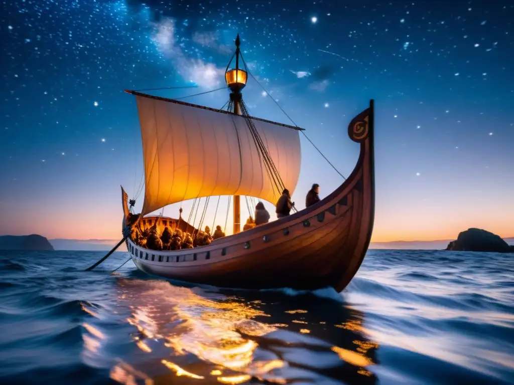 Navegación estelar vikinga en los océanos nocturnos, bello barco iluminado por antorchas bajo un cielo estrellado